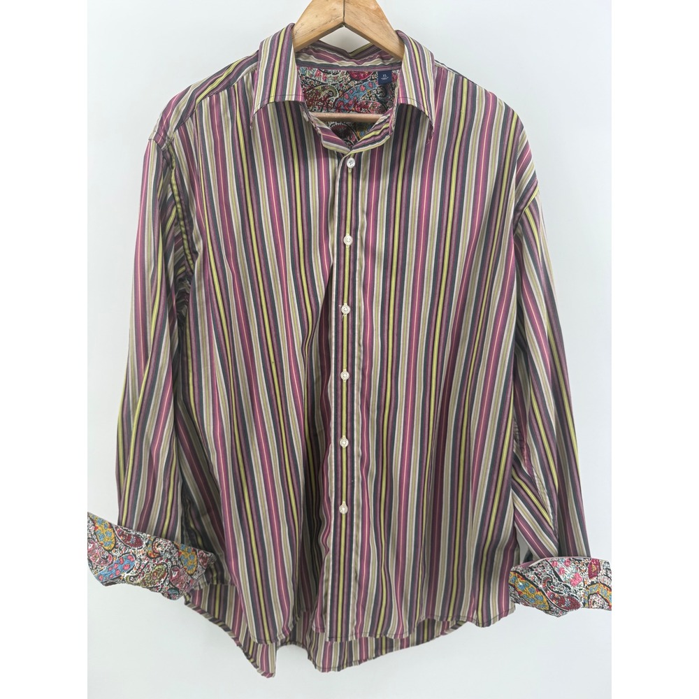 Robert Graham Mens XL Button Down Shirt Striped Paisley Cuffs Knowledge Wisdom